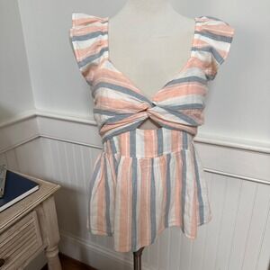 NWOT Loft Womens Striped Linen Blend‎ Twist Front Peplum Top Peach Blue XS